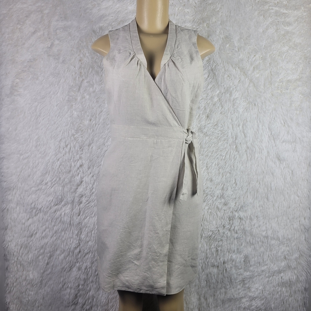 J Crew Womens Sz 2 Beige 100% Linen Faux Wrap Sleevless Knee Length Dress